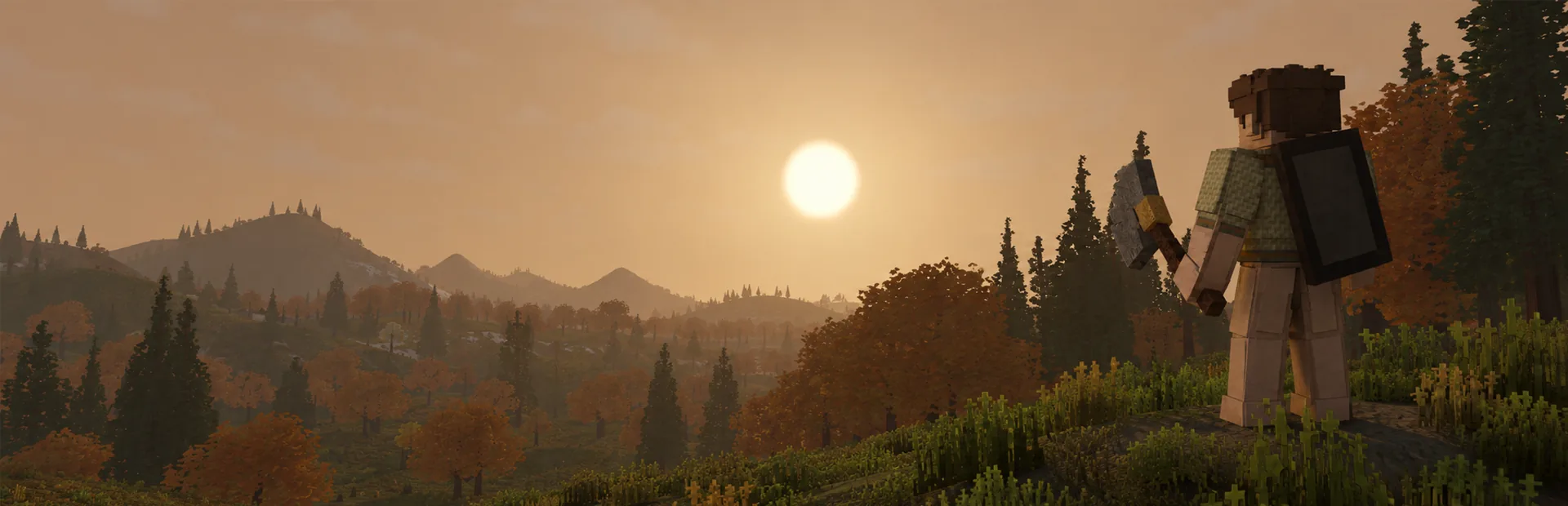 A survivor with a stone axe and a shield on their back, looking out over autumn hills at sunset