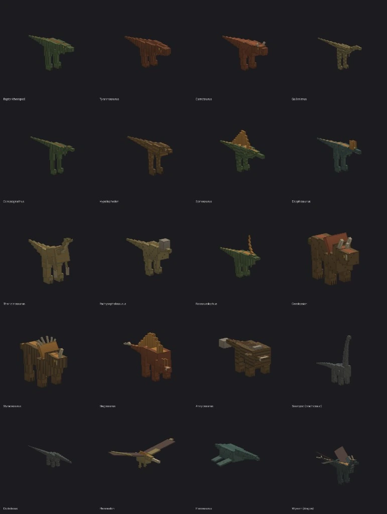 The full planned roster of twenty blocky voxel dinosaurs arranged in a grid on a dark background, from small raptors and a compsognathus through a spinosaurus and stegosaurus to sauropods, a pteranodon and a plesiosaur