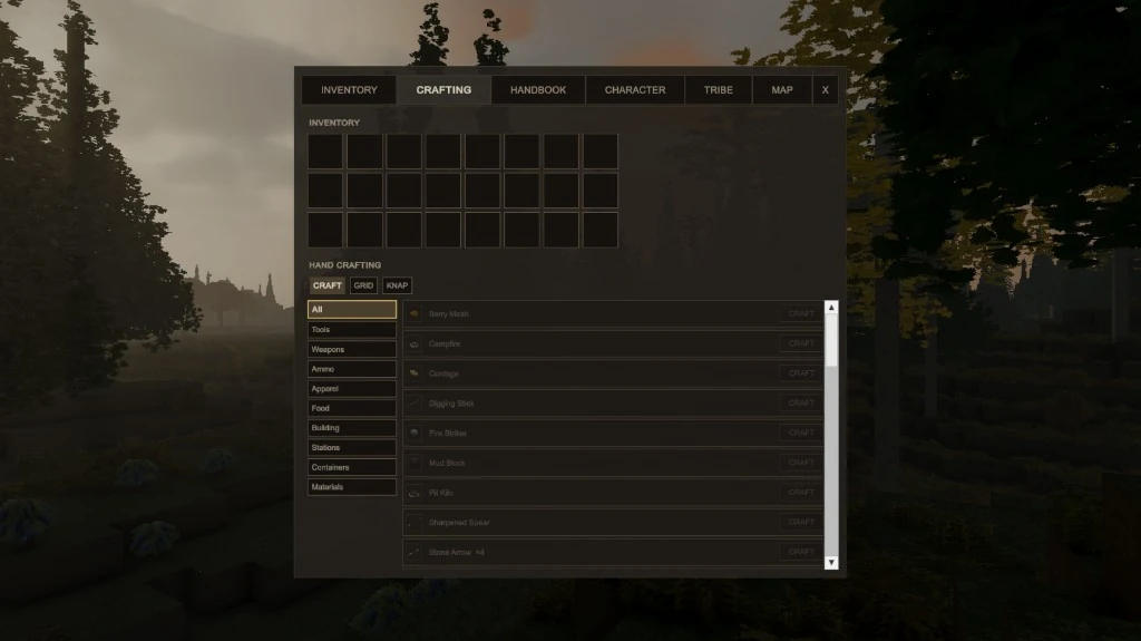 The crafting tab with an empty inventory grid, category filters down the left and a list of hand-crafting recipes such as a campfire, cordage and a sharpened spear