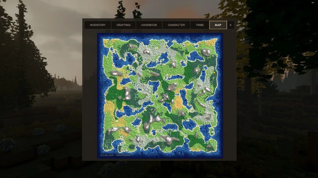 The in-game map tab showing a square island of green lowland, grey mountains, blue lakes and sandy patches, ringed by deep blue ocean, with the player marked as a yellow dot