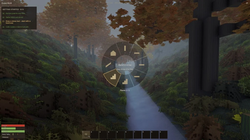 The radial building menu showing piece options, with a stair selected