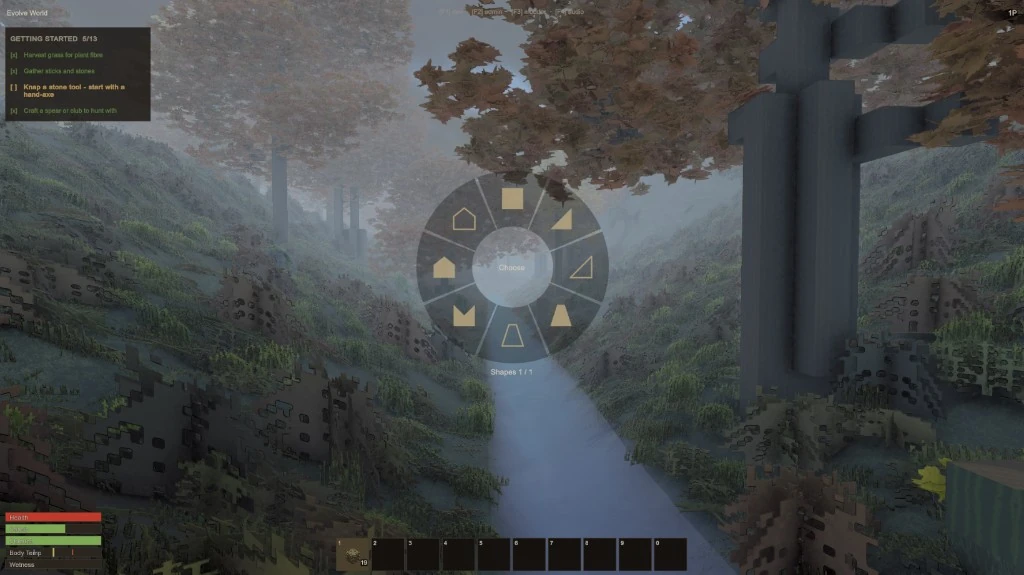 The radial building menu open over a wooded valley, showing shape options