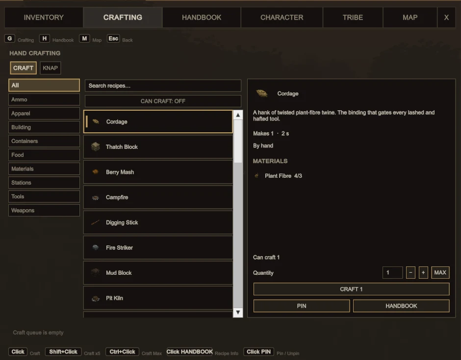 The crafting tab, with cordage selected and its plant fibre requirement listed